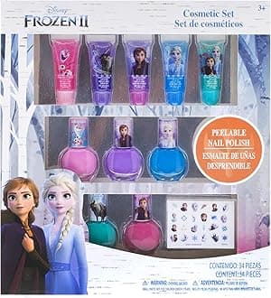Disney Frozen Elsa Anna Nail Polish Cosmetic Makeup Set for Girls with Lip Gloss Nail Polish Nail Stickers - 11 Pcs| Parties,Sleepovers Makeovers| Birthday Gift for Girls 3 Yrs+