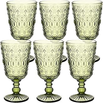 Eaasty Wine Glasses Set of 6 Vintage Goblet 9 oz Vintage Colored Glass Goblet Beverage Stemmed Glass Cups Romantic Embossed Glassware for Wedding Party Holidays Anniversary (Green)