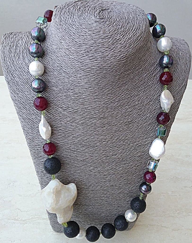 Ruby, shell pearl, lava and agate necklace