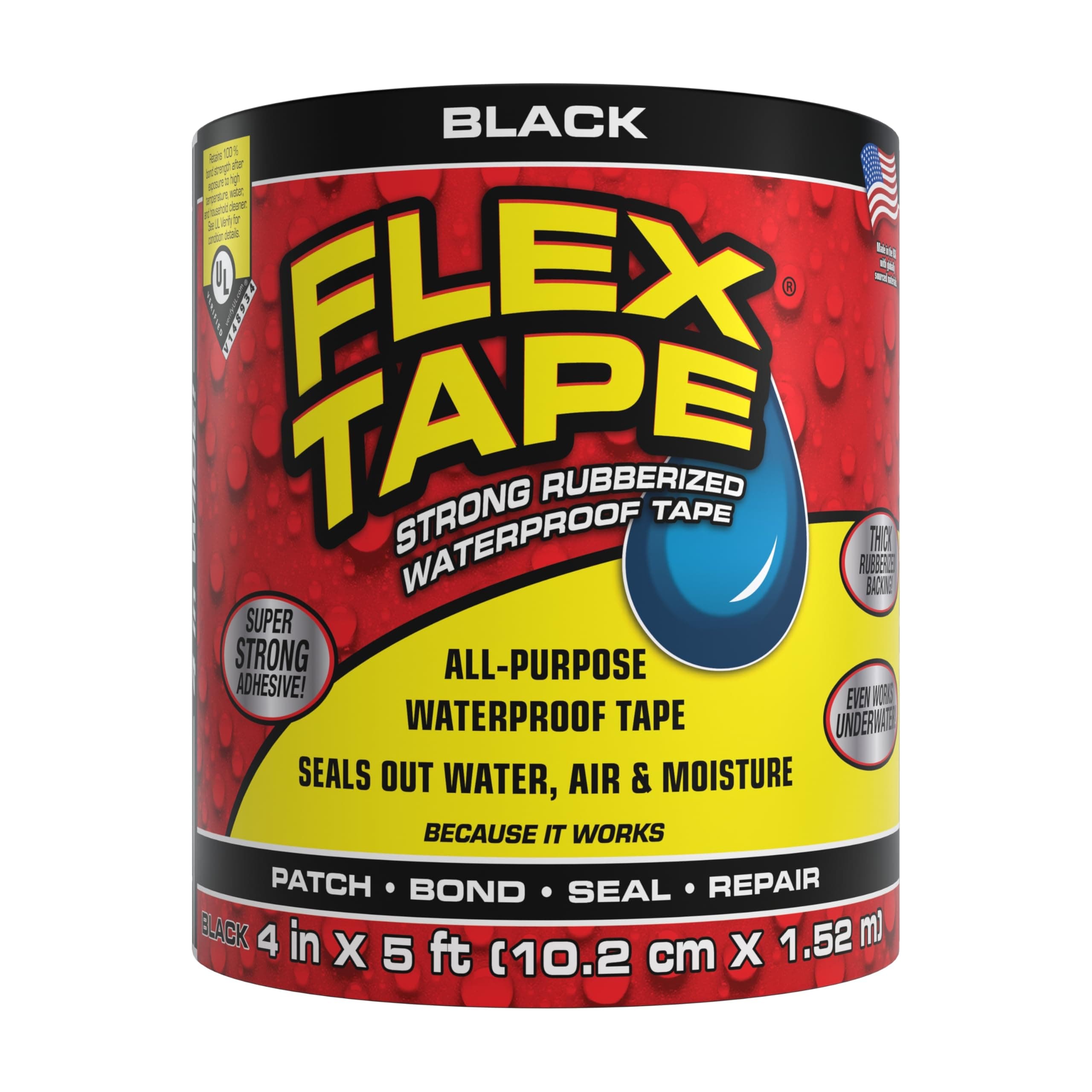 Original Thick Flexible Rubberized Waterproof Tape - Seal and Patch Leaks, Works Underwater, Indoor Outdoor - Home RV Roof Plumbing and Pool Repairs, Black, 4 in x 5 ft, Pack of 1