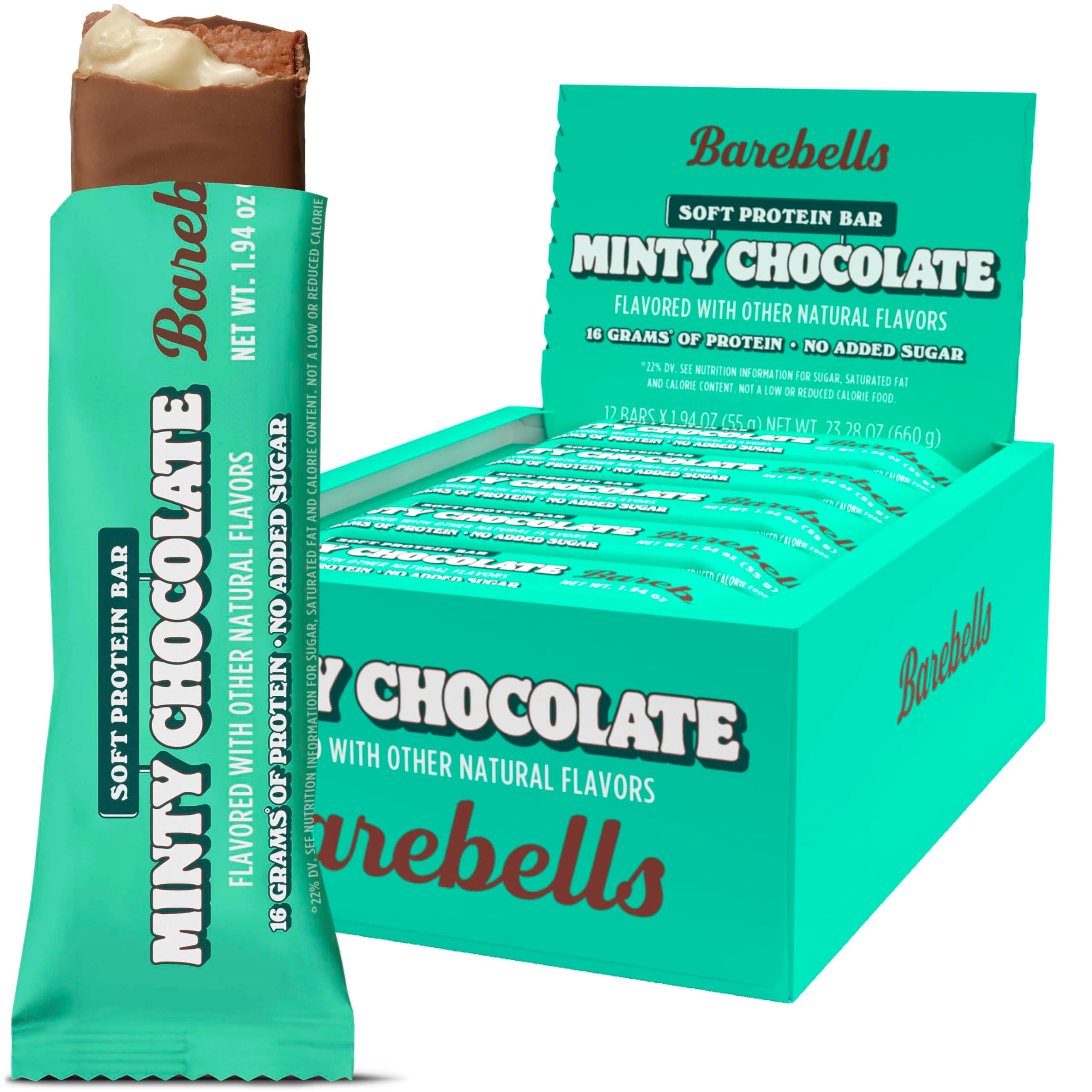 Barebells Soft Protein Bars, Minty Chocolate - 12 Count, Pack of 1, 16g High Protein Treats - Chocolate Nutrition Bar with 1g Total Sugars - On The Go Breakfast or Post-Workout Snack