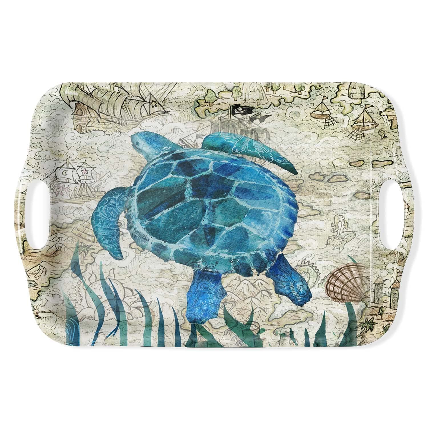 Serving Tray Decorative Tray with Handles Multi-Purpose Rectangular Serving Trays for Restaurant, Parties, Coffee Table, Kitchen - Retro Turtle