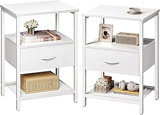Huuger Nightstand Set of 2, Night Stand with Fabric Drawer, Mesh Shelf, Side Table with Storage, Fabric Drawer Dresser, Open Shelf, Metal Frame, Bedroom, White