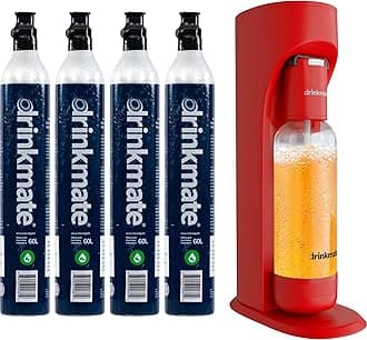 Drinkmate OmniFizz Sparkling Beverage Maker CO2 Bundle - Sparkling Water/Soda Streaming Machine That Carbonates Any Drink - Includes 4 CO2 Cylinders, 1 Carbonation Bottle, 1 Fizz Infuser - Royal Red