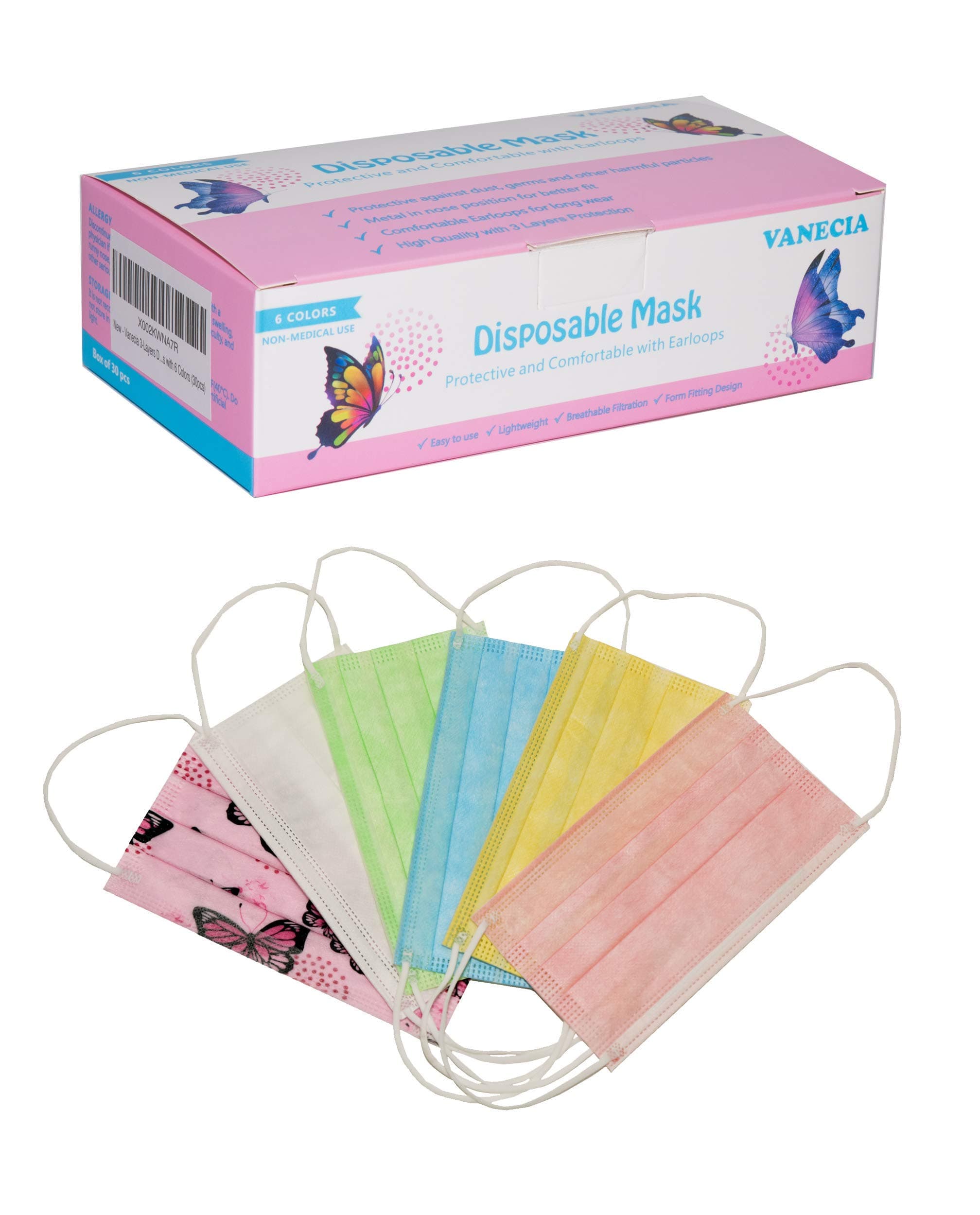 Vanecia Disposable 3-Layer Protective Earloop Face Masks with 6 Colors (30 pcs)