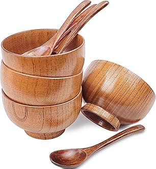 Handmade Wood Bowls,Jujube Wooden Japanese Bowl with Matching Spoon for Rice,Soup,Dip,Salad,Tea,Decoration 4 Sets(4 Bowls 3.8 IN + 4 Spoons)