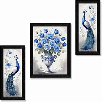 SAF flower with couple peacock Paintings for Wall Decoration - Set Of 3, 3d Painting for Living Room Large Size with Frames for Home Decoration, Hotel, Office painting 61 cm x 36 cm S36045