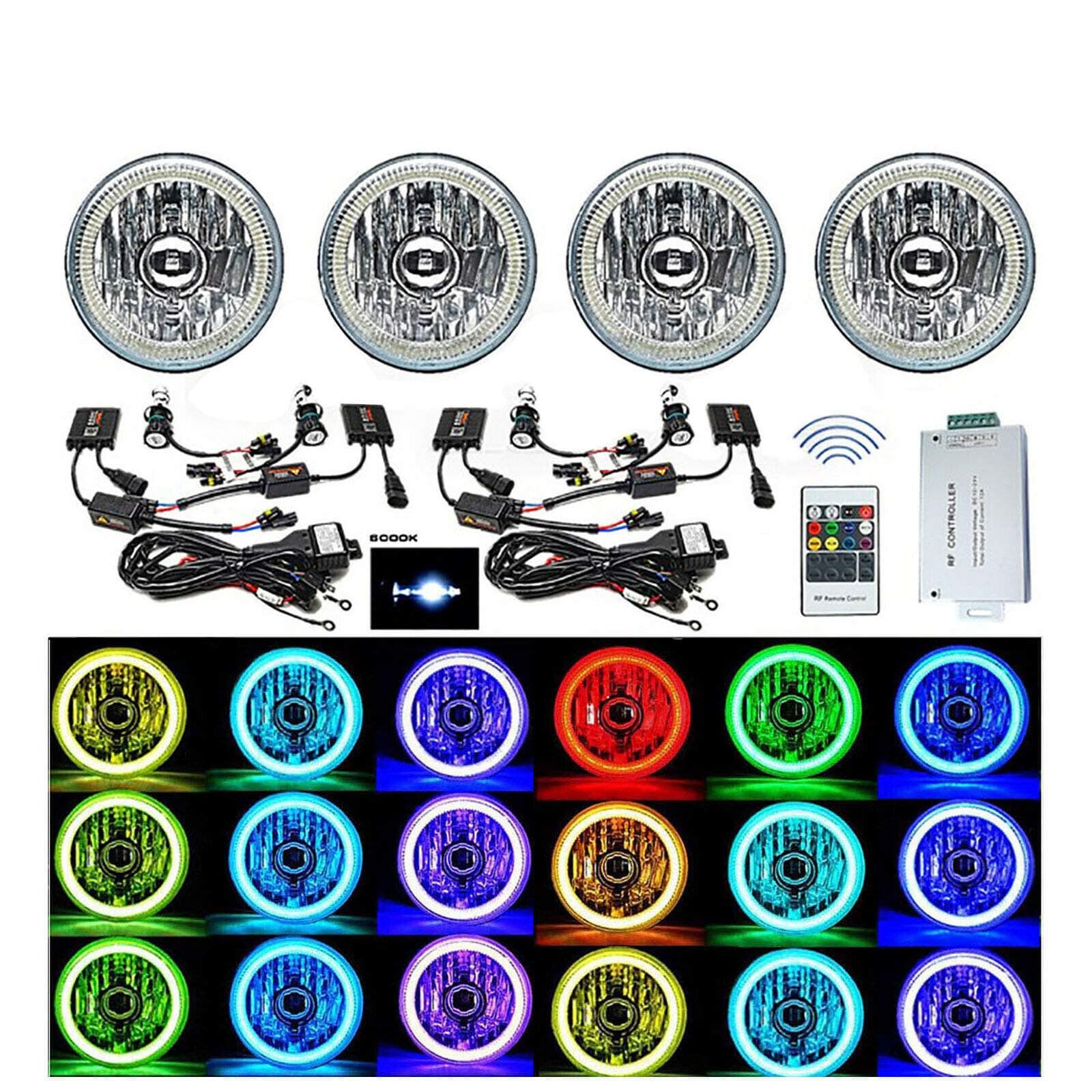Octane Lighting 5-3/4 RGB SMD Multi-Color White RED Blue Green LED Halo 6k HID H4 Headlights SET