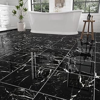 30-Pack Peel and Stick Floor Tiles Vinyl Floor 12 x 12 inch Self Adhesive Waterproof Flooring Planks DIY for Bathroom, Kitchen, Living Room, RV, Cover 30 Sq. Ft, Polish Black Marble