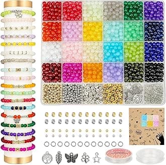 1400pcs Glass Beads 6mm Bracelet Making Kit, 24 Colors Crystal Beads for Jewelry Making Round Beads DIY Crafts with Spacer Beads Charms Accessories