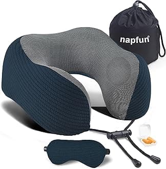 napfun Neck Pillow for Travel with Travel Pouch, Sleep Mask & Earplugs, Memory Foam Airplane Pillow for Headrest Sleep with Eyeshades, Plane Essentials with Eye Blindfold, Deep Blue Striped Kit