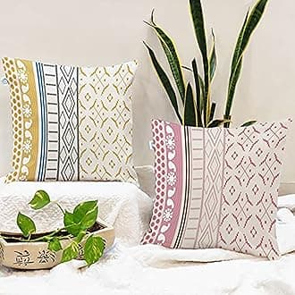STITCHNEST Set of 2 Polycotton Cushion Covers – Multicolor Traditional Stripe & Motif Print – 24x24 Inches – Ethnic Sofa Cushion Covers for Living Room & Home Decor