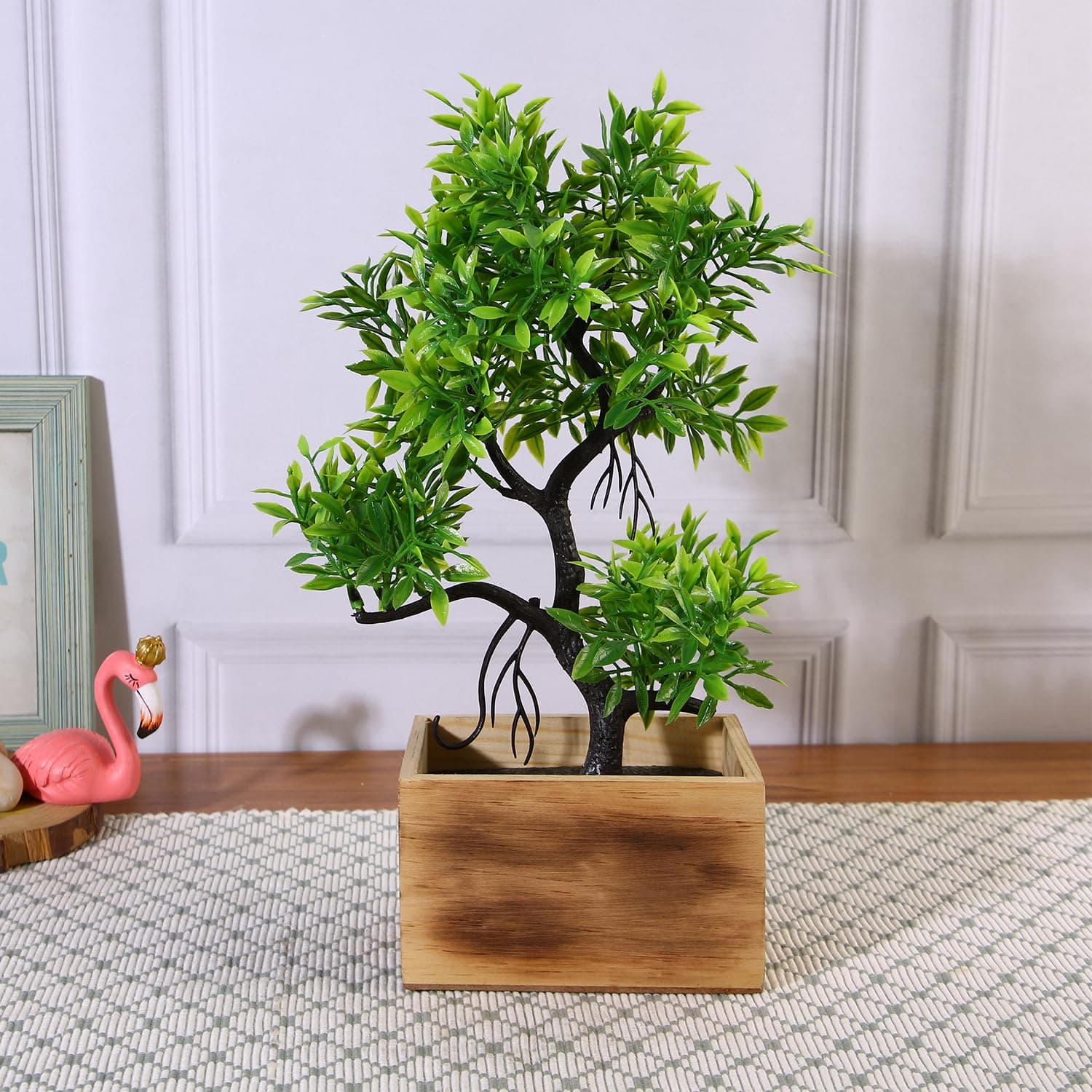 Amazon Basics Artificial Green Tree in Wooden Rectangular Tray | Realistic 30 cm Faux Greenery | Stylish & Compact | Zero Maintainance | Indoor, Outdoor, Home & Office Décor
