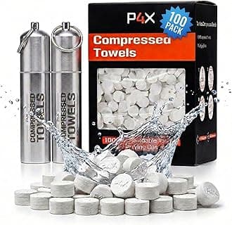 Compressed Towel Tablets - 100% Bamboo Camping Toilet Paper Tablets, Great for Hiking, Traveland Backpacking - Disposable Washcloths, Body Wipes, Paper Towel Coin Tissue - 100 Pack with Metal