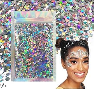 Holographic Silver Body Glitter. 15g Chunky Face Glitter, Hair Glitter, Eye Glitter and Body Glitter, Rave Glitter, Festival Accessories, Cosmetic Glitter Makeup. Loose Glitter Set