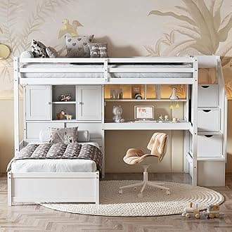Wood Bunk Bed Twin Over Twin Size with Built-in Desk and Staircase, Loft Bed & L-Shape Platform Bed with Storage Compartments and Shelves for Kids Teens Adults, Space-Saving (White-10.9)