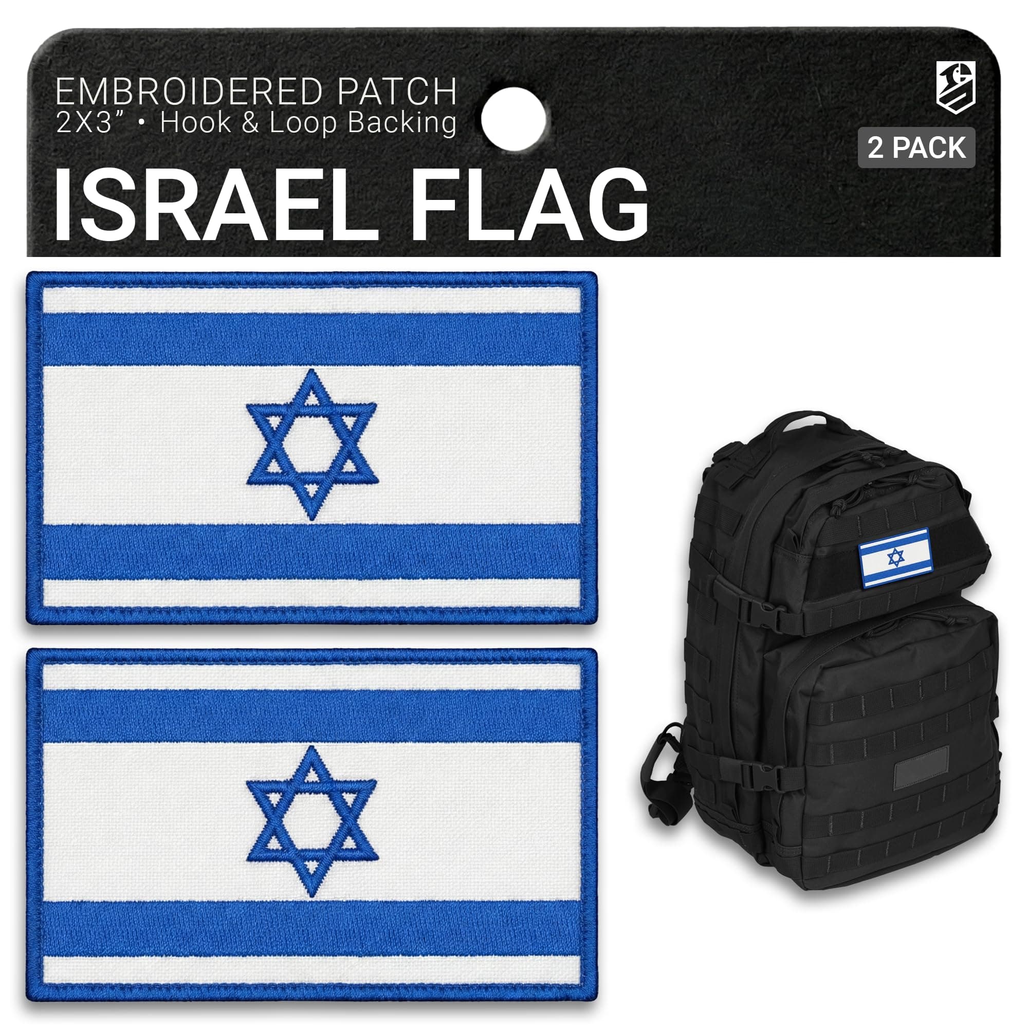 2-Pack Israel Flag Patch Embroidered Hook & Loop Military Morale Tactical Israeli Flag Patches for Backpacks Tactical Vest Military Helmet Dog Vest Jacket Uniform Hat 2x3 Inches