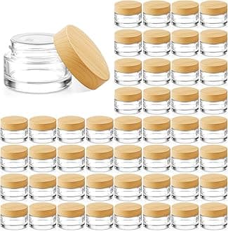 Bumobum 48 Pcs 5 Grams Glass Cosmetic Jars with Plastic Wood-Grain Lids, 5 ml Lip Balm Containers Empty Tiny Sample Jars for Lip Scrub Makeup Eye Cream Travel