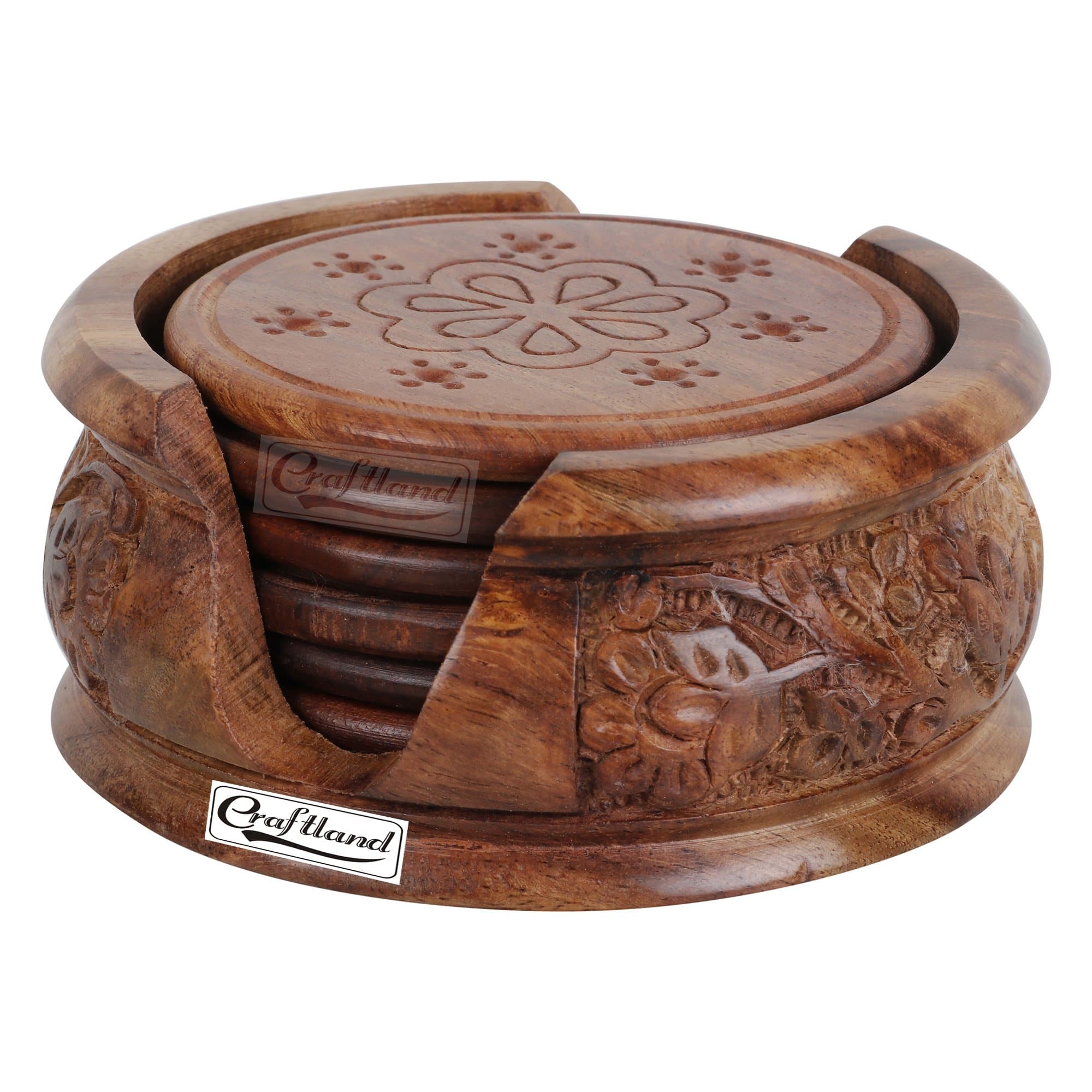 Wooden Round Carved Coaster Set for Kitchen/Dining Table,Set of 6