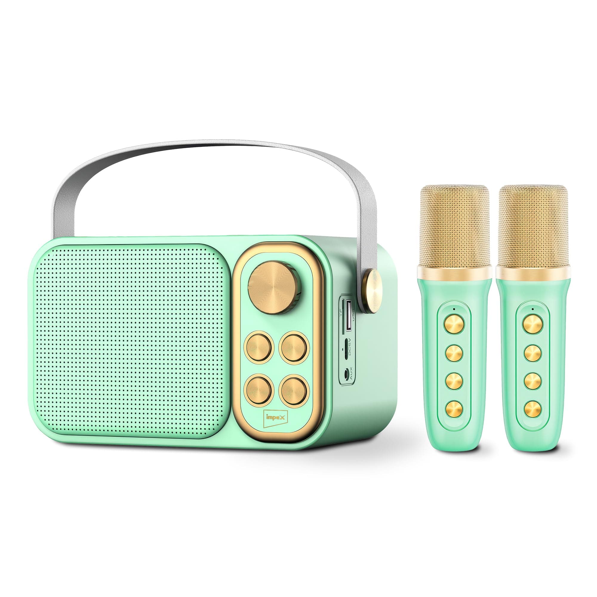 Portable Bluetooth Karaoke Speaker with 2 Wireless Mics, Voice Modulation, USB/AUX/TF Input, Type-C Charging, 1500mAh Battery, 10W Output Power, Bluetooth Connectivity, 2-Year Warranty -KM 1302