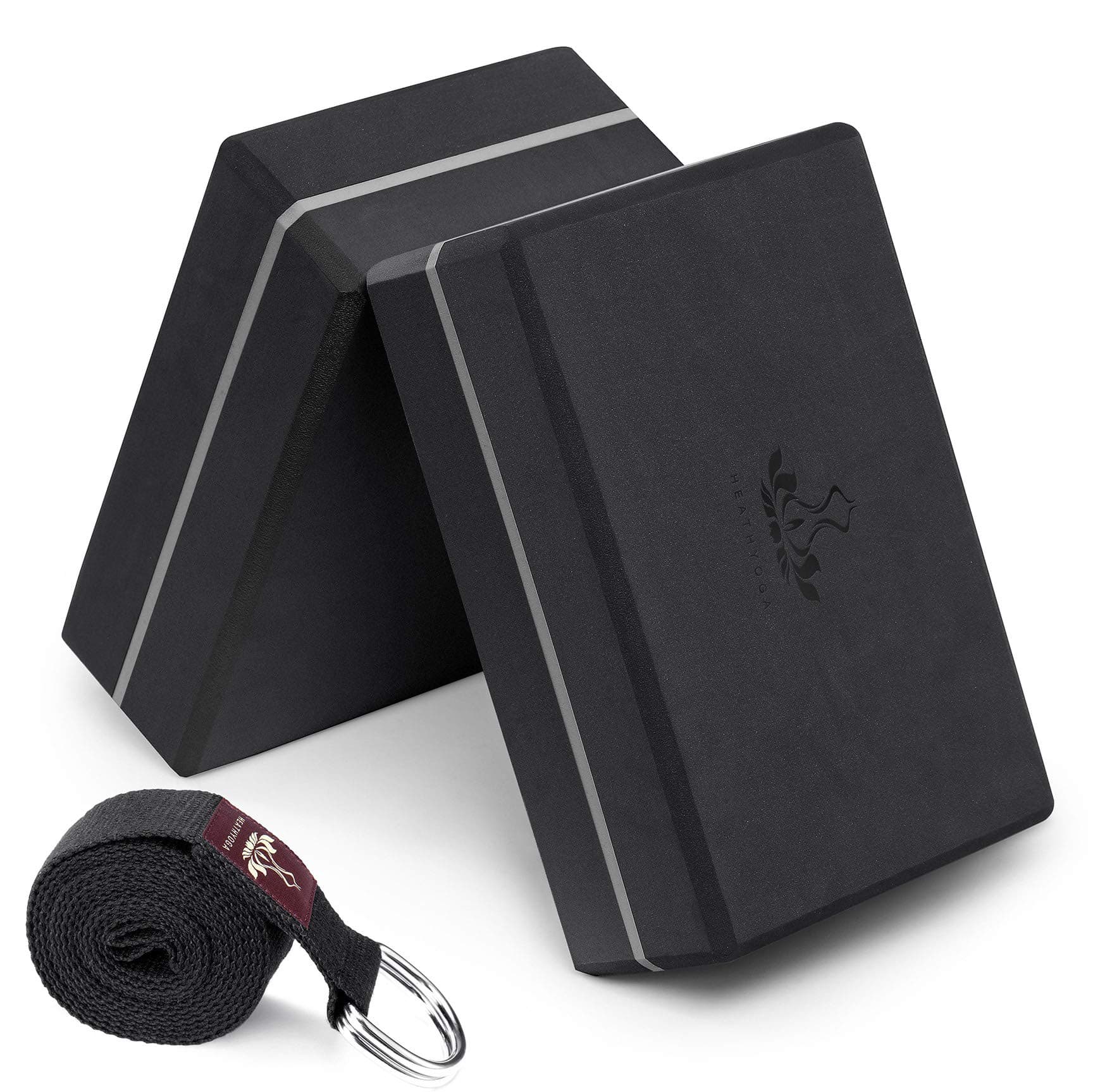 Heathyoga Yoga Blocks 2 Pack with Strap, High Density EVA Foam Yoga Block and Yoga Strap Set to Support and Improve Poses and Flexibility
