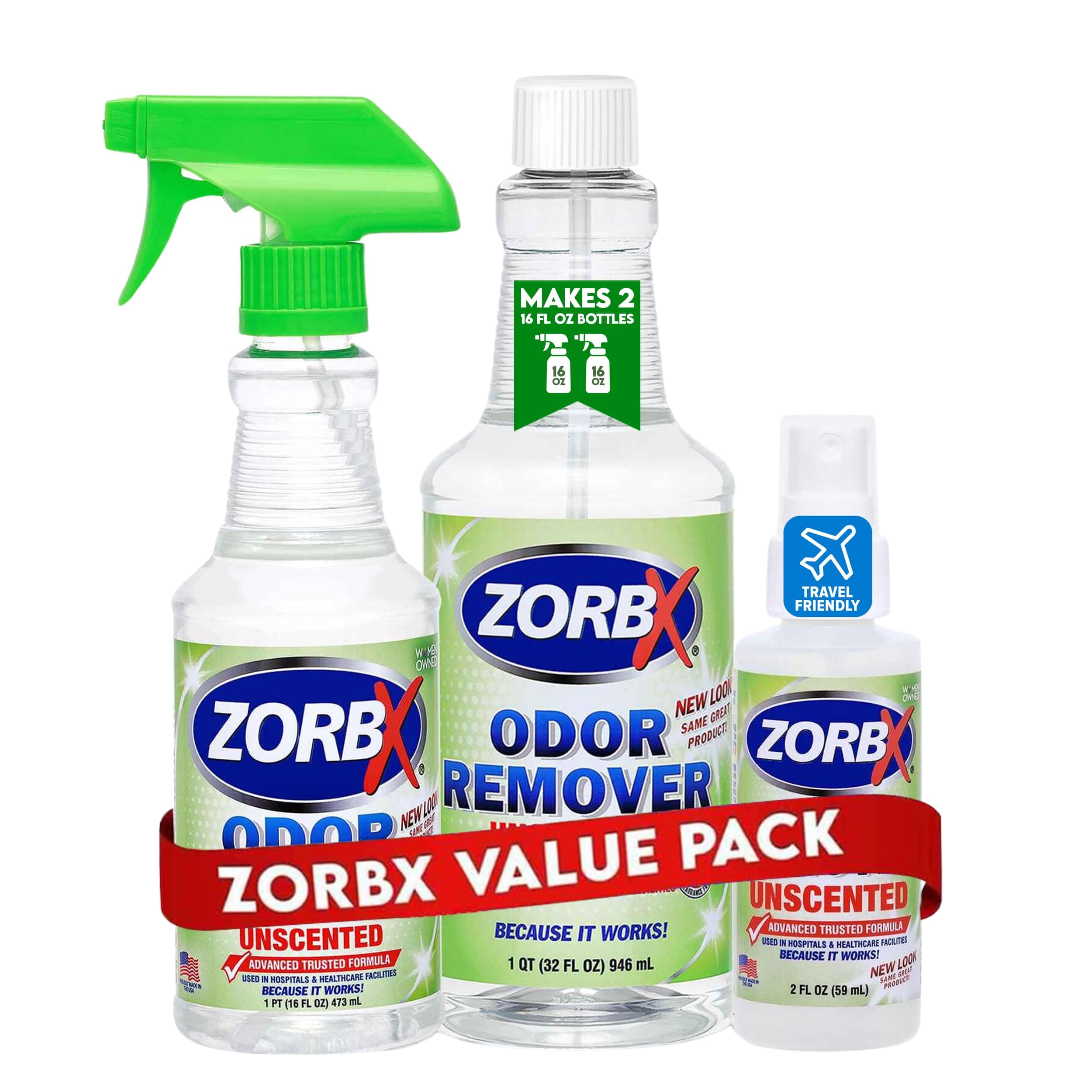 ZORBX Unscented Multipurpose Odor Eliminator 3 items Bundle: 2 Oz + 16 Oz + 32 Oz - Used in Hospitals & Healthcare Facilities - Advanced Trusted Formula - Perfect Bundle to Get Rid of Unpleasant Odors