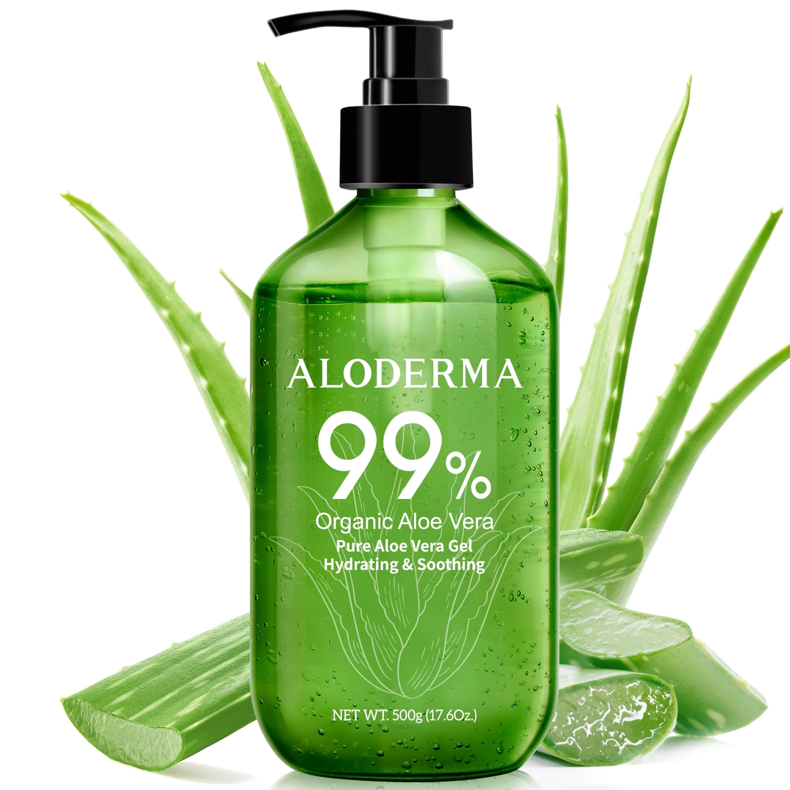 Aloderma 99% Organic Pure Aloe Vera Gel Made Within 12 Hours Of Harvest, 17.6Oz Value Pump, Lightweight Non-Sticky Aloe Vera Gel For Sunburn Relief, Natural, Soothing Aloe Vera For Face & Hair