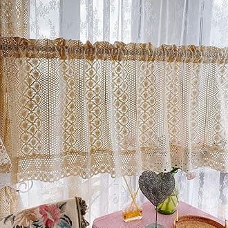 Rustic Crochet Curtain Valance for Kitchen Bathroom Farmhouse Lace Curtain Tiers for Coffee Decor Room Divider Rod Pocket Hollow Out Short Curtains for Closet Doorway 1 Panel W59 X L35 Inch