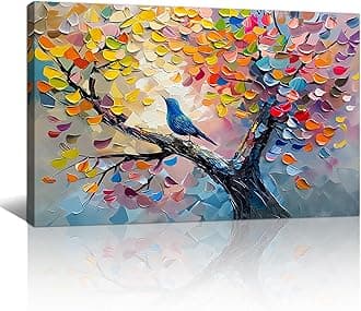 Large Abstract Blossom Trees Bird Wall Art for Living Room, Colourful Tree of Life Wall Painting Pictures Nature Floral Tree Canvas Prints Modern Artwork for Bedroom Office Home Decor 60x90cm