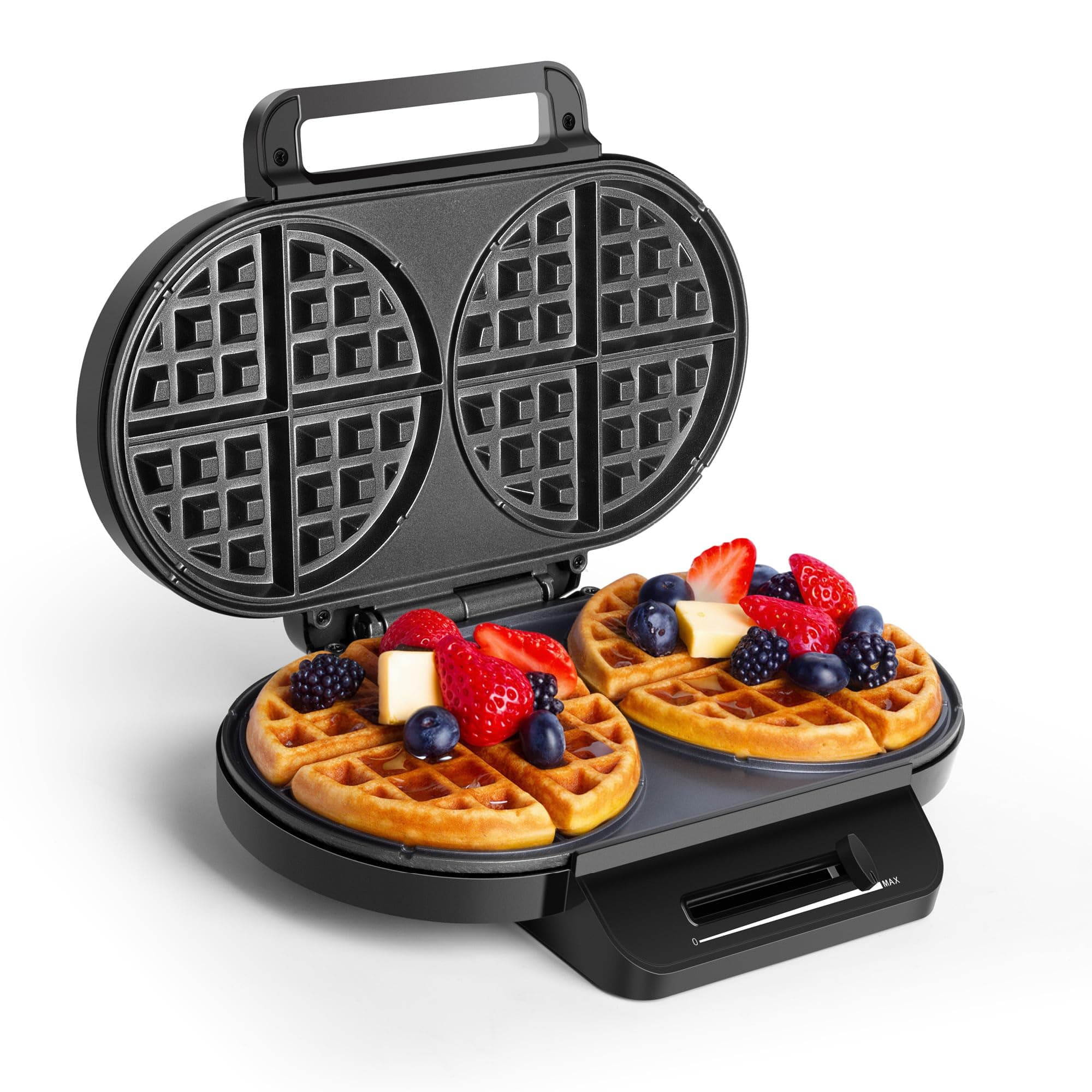 Double Waffle Maker – Round Belgian Waffle Machine with Non-Stick Plates, Auto Temperature Control, Cool Touch Handle, Chaffles Maker Serves Savoury Snacks & Desserts – 1200W, Silver