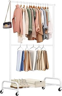 SLEEPING LAMB Double Rod Heavy Duty Clothes Racks for Hanging Clothes, Metal Rolling Garment Rack With Wheels Clothes Hanger Rack Wardrobe Racking for Coats, Shirts (White)