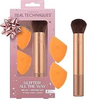 Real Techniques Glitter All The Way Brush + Sponge 3 Piece Holiday Gift Set, Makeup Sponges & Makeup Brush For Liquid & Cream Foundation, Contour, & Blush, Stocking Stuffer, Limited Edition