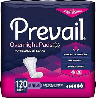 PrevailIncontinence Bladder Control Overnight Pads, Regular Length, 120 Count