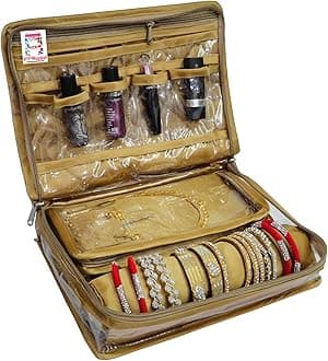atorakushon Satin Makeup Jewellery Organizer Locker Box Set for Women and Girls for Necklaces Earring Ring Chains Case Cosmetic Travel Storage Bag (Gold)