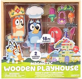 Horizon Group USA Bluey Magnetic Wooden Playhouse, 18 Piece Activity Set, Includes 2 Wooden Dolls House, Great Toys for Kids, Fun Birthday Party Activity, House Playset