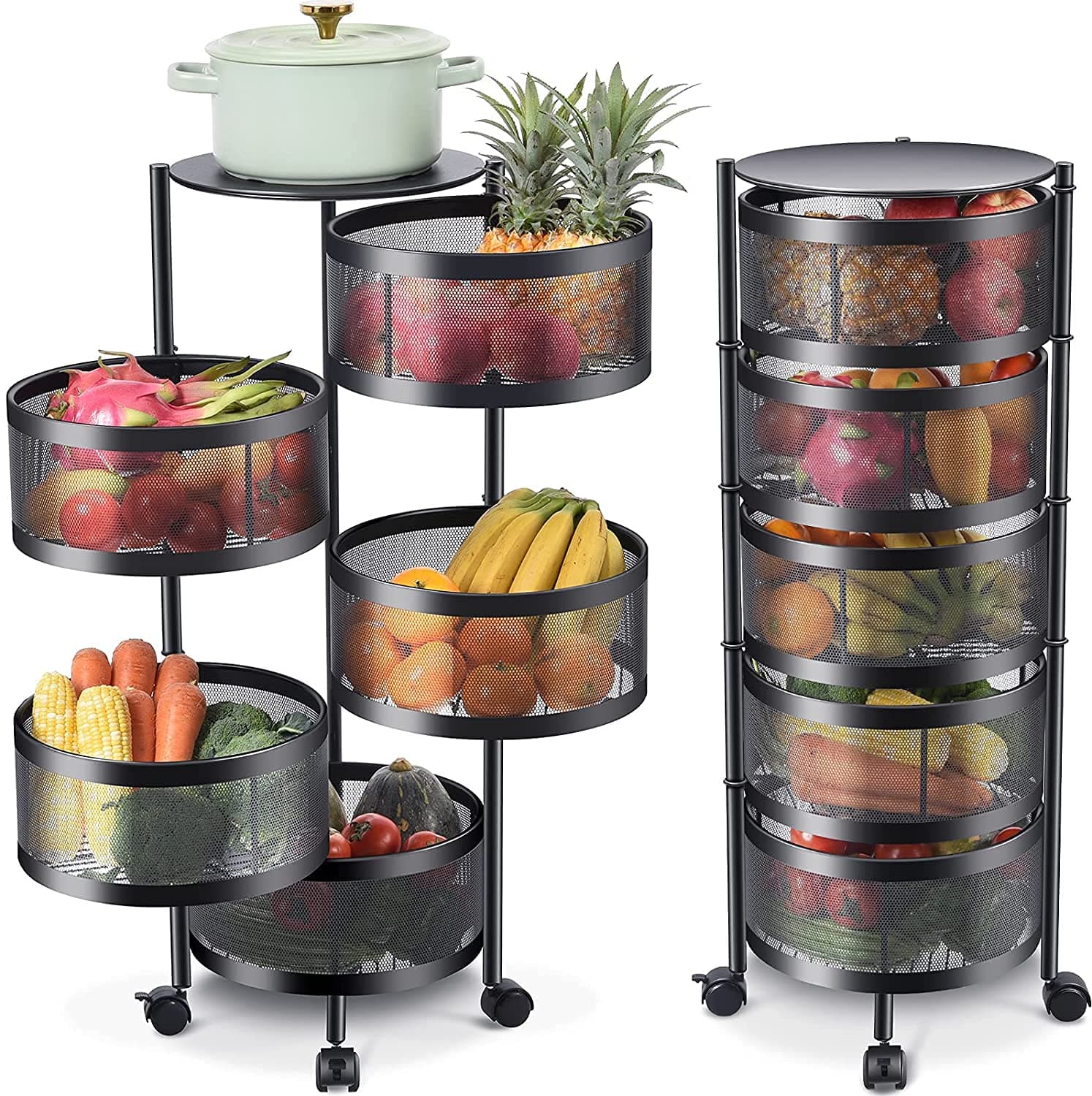 LIYING Multi-Layer Kitchen Storage Shelf, Round Steel Rotating with 4 Movable Wheels, Kitchen Storage for Fruit and Vegetable Floor-Standing(5F Black)