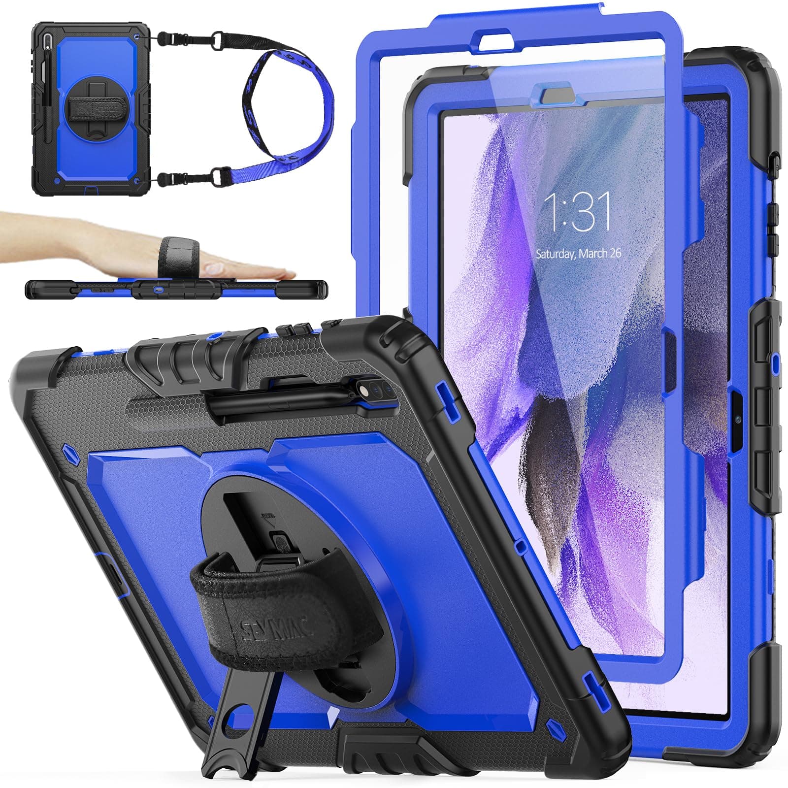 SEYMAC stock Case for Samsung Galaxy Tab S7 FE / S8 Plus 5G Case 12.4'' with Screen Protector Pencil Holder [360 Rotating Hand Strap] &Stand, Drop-Proof, Blue/Black