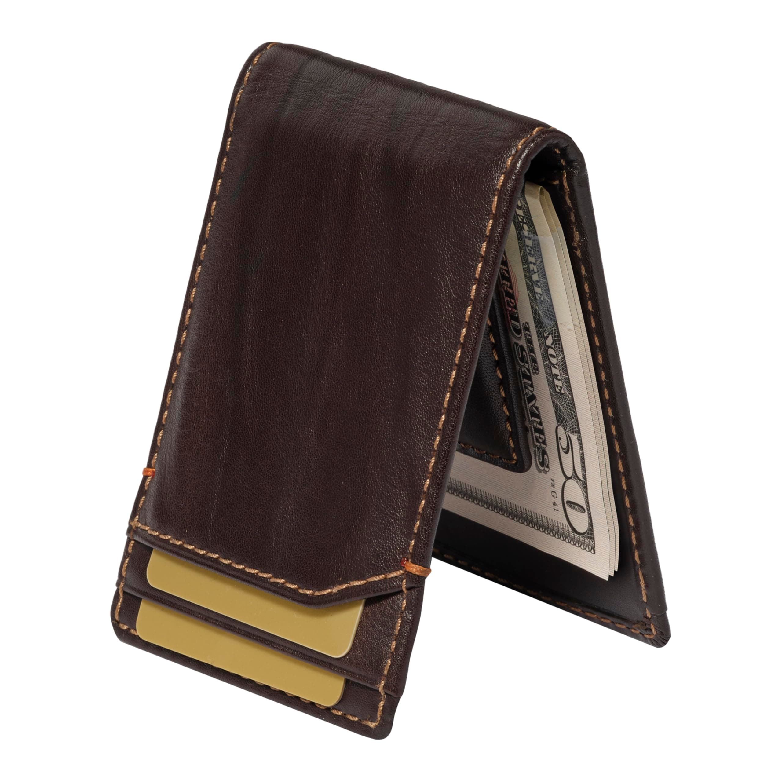 Jack Bifold Magnetic Money Clip Wallet for Men, Slim Front Pocket Wallet with Strong Interior Magnetic Clip, ID Window, Full Grain Cowhide, Brown