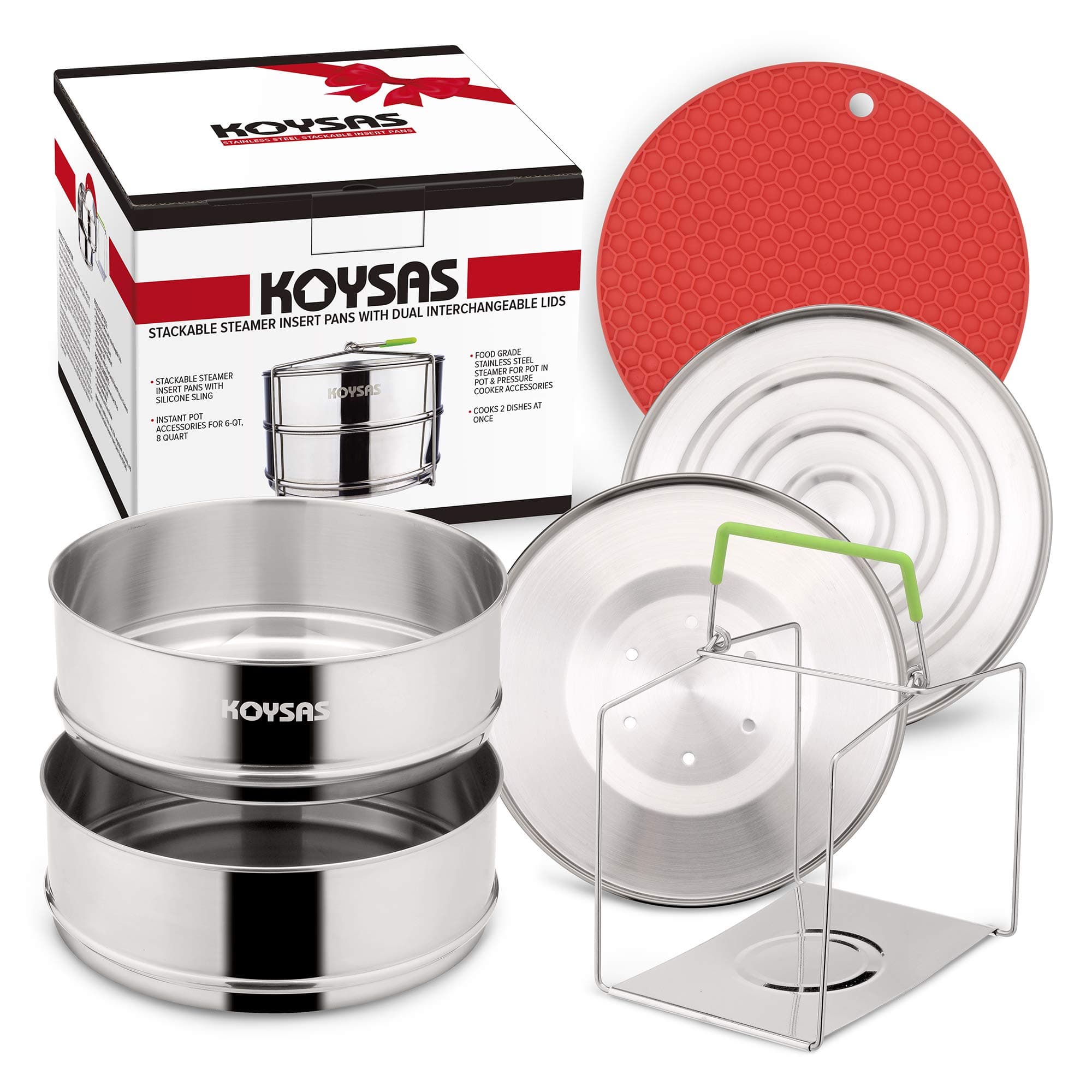 KOYSAS Stackable Steamer Insert Pans Compatible with Instant Pot - Safety Handle Sling – 6, 8 Qt - Stainless Steel Food Grade Stacking Pots – Two Interchangeable Lids - Gift Quality Packaging