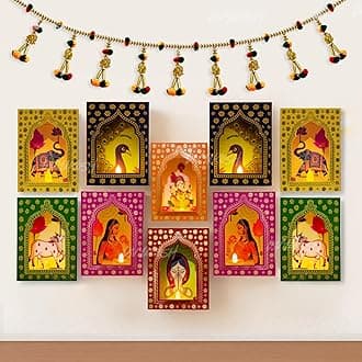 Divyakosh Paper Deep Dwar (Pack of 10) with LED Candles and Toran - 1 Pc, Jharokha Style Wall & Home Decor for Diwali Decoration, Festive Decor, Wall Decor for Festival,Assorted