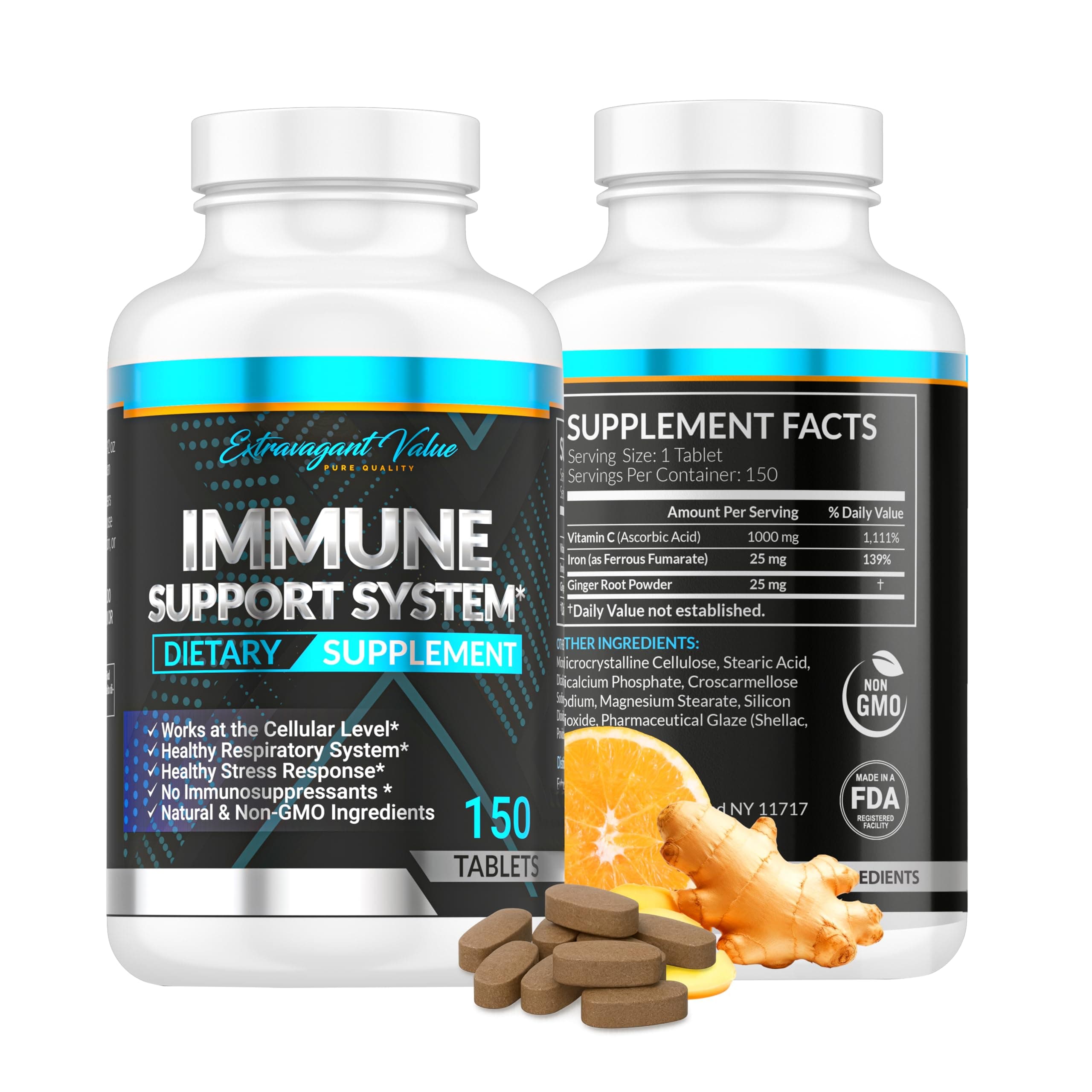 3-in-1 Immune Support Combo with Iron Supplement 25mg (Iron Pills) + 1000mg Vitamin C + Ginger Root, Gentle & Stomach Friendly for Energy & Iron Deficiency Support, Non-GMO, 150 Tablets