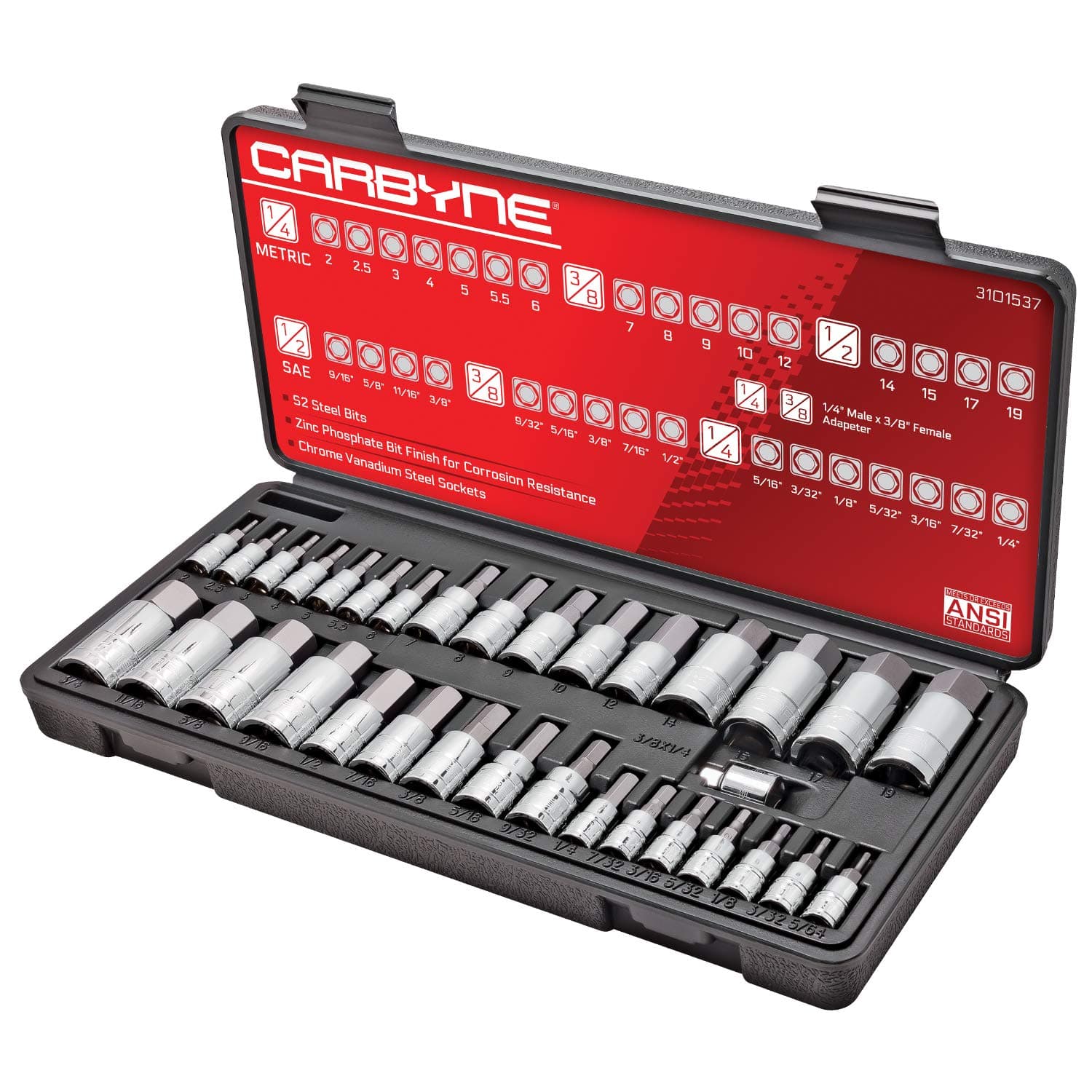 CARBYNE 33-Piece Master Allen Bit Socket Set SAE and Metric Hex Bit Sockets S2 Steel CrV 1/4 in 3/8 in and 1/2 in Drive for Automotive Motorcycle and Furniture Repair