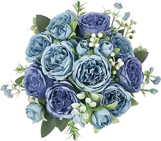 Mkono Peonies Artificial Flowers, Small Silk Flowers for Home Decor Indoor Fake Bouquet Faux Floral Arrangements Dining Table Centerpieces for Kitchen Party Decor Blue
