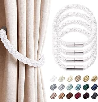 NICEEC 4 Pack Strong Magnetic Curtain Tiebacks Modern Simple Style Drape Tie Backs Convenient Decorative Weave Rope Curtain Holdbacks for Thin or Thick Home & Office Window Draperies (Silver White)