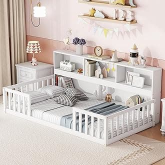 Bellemave Kids Montessori Floor Bed Twin Size, Floor Bed Frame with Bookcase and Shelves for Kids Boys Girls,Twin,White