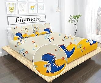Filymore Danasour Double Bedsheet Made with Microfiber 240 TC Wrinkle Free Soft Hypoallergenic | Cartoon Bedcover Queen Size for Kids (90x90 Inches)(Cream)