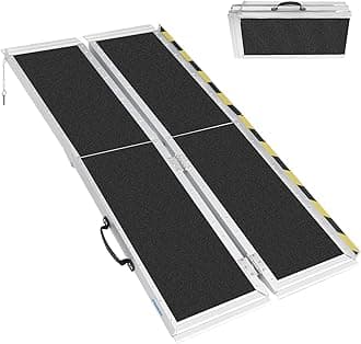 Ruedamann Wheelchair Ramp, 5'L Non-Slip Threshold Ramp, 600 LBS Capacity, Portable Aluminum Folding Threshold Ramp, Wider Design, for Home, Wheelchairs, Steps, Stairs, Doorways, Curbs