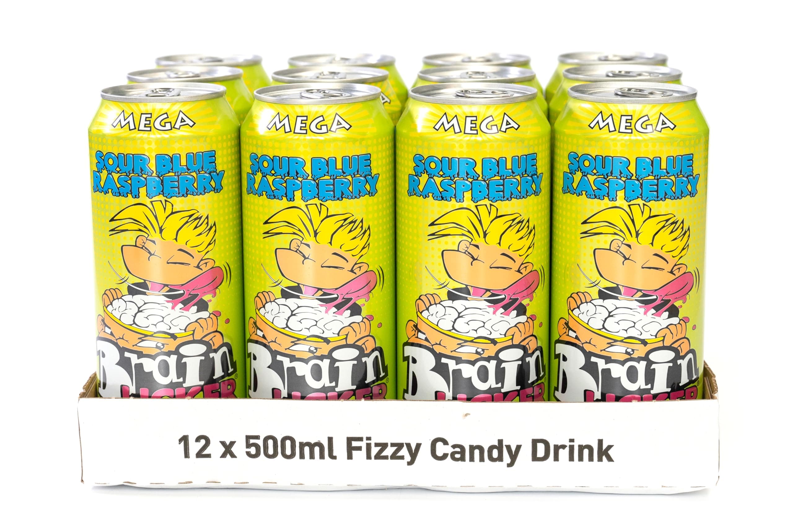 Mega Brain Licker Sour Blue Raspberry Candy Drink, American Style Soda 12 Pack x 500ml