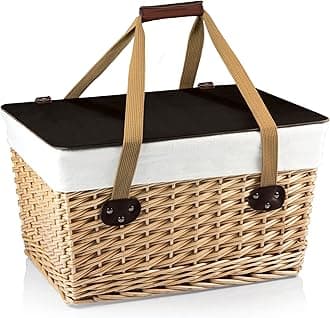 PICNIC TIME Canasta Grande Wicker Picnic Basket, Classic Large Wicker Basket for 2 with Handwoven Willow Design, Removable and Customizable Lid Table, (Beige Canvas with Brown Lid)