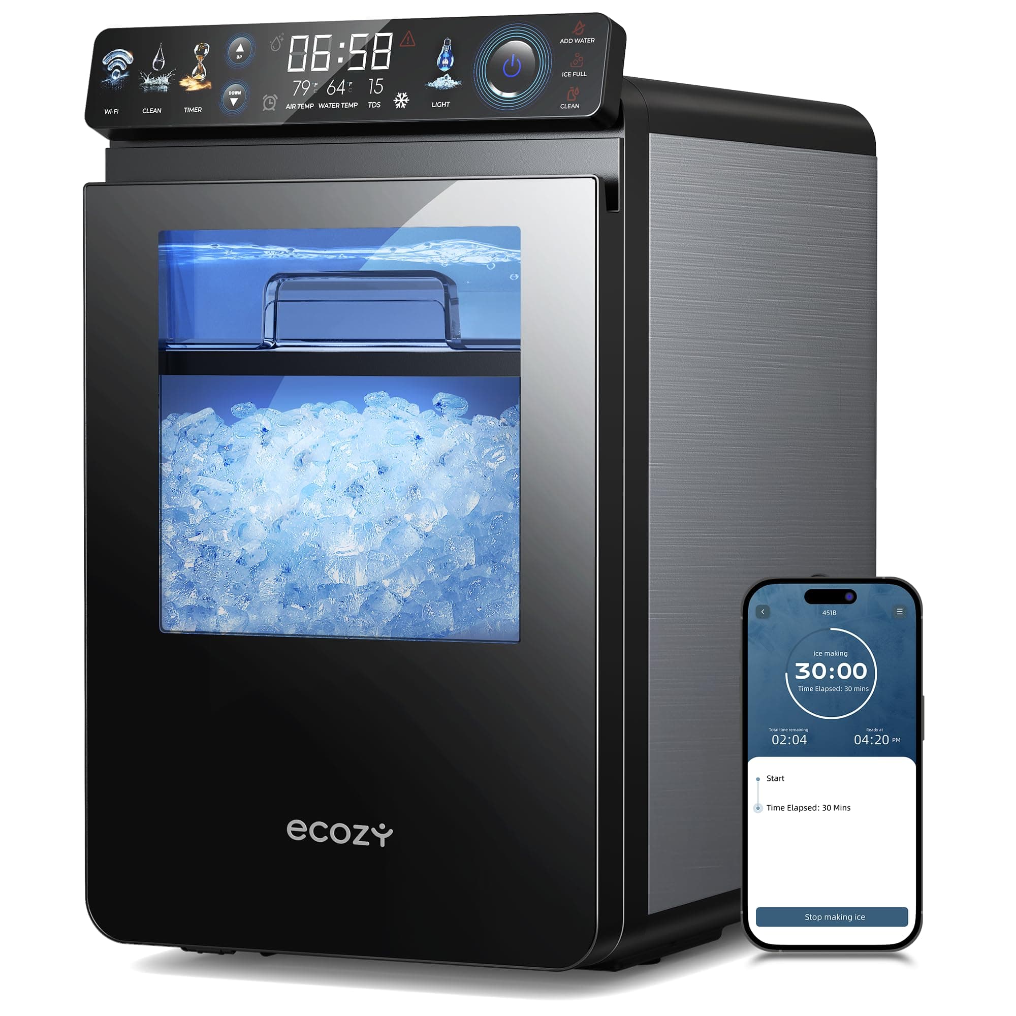 ecozy Smart Nugget Ice Maker Countertop, First Full-Color Smart Panel Ice Machine with APP Control, Double-Layer Insulation, 44 lbs/24H Soft Pellet Chewable Ice, Pull-Out Water Tank, Self-Cleaning